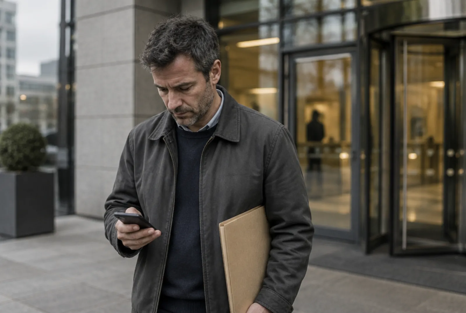 A man checking his phone on the pavement outside an office before going in
