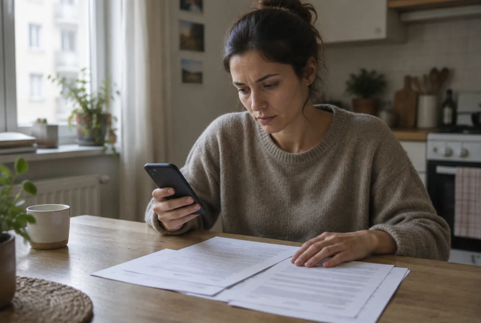 A woman reading a rental contract at her kitchen table with her phone in her hand