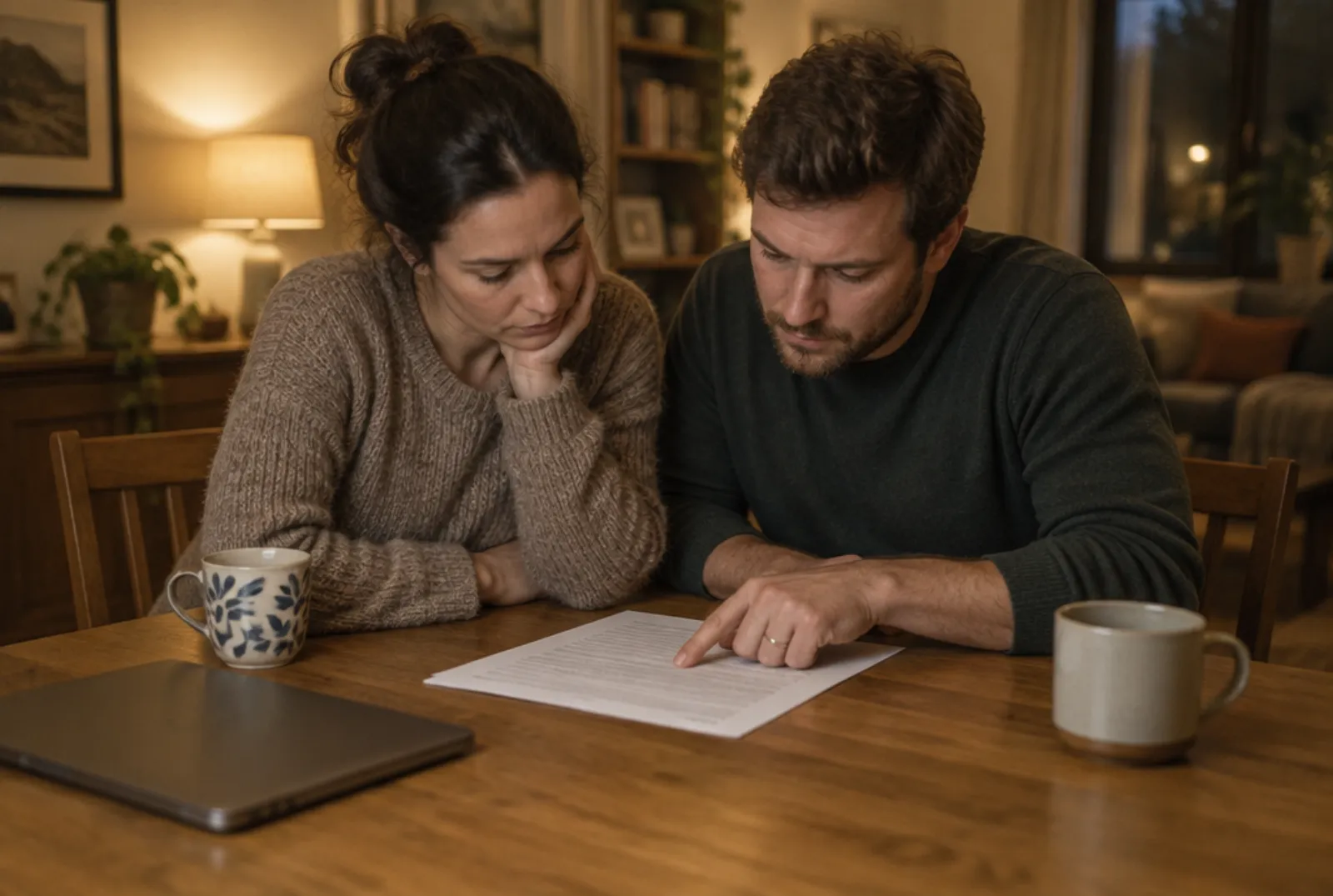 A couple at home reading a printed document together at their dining table