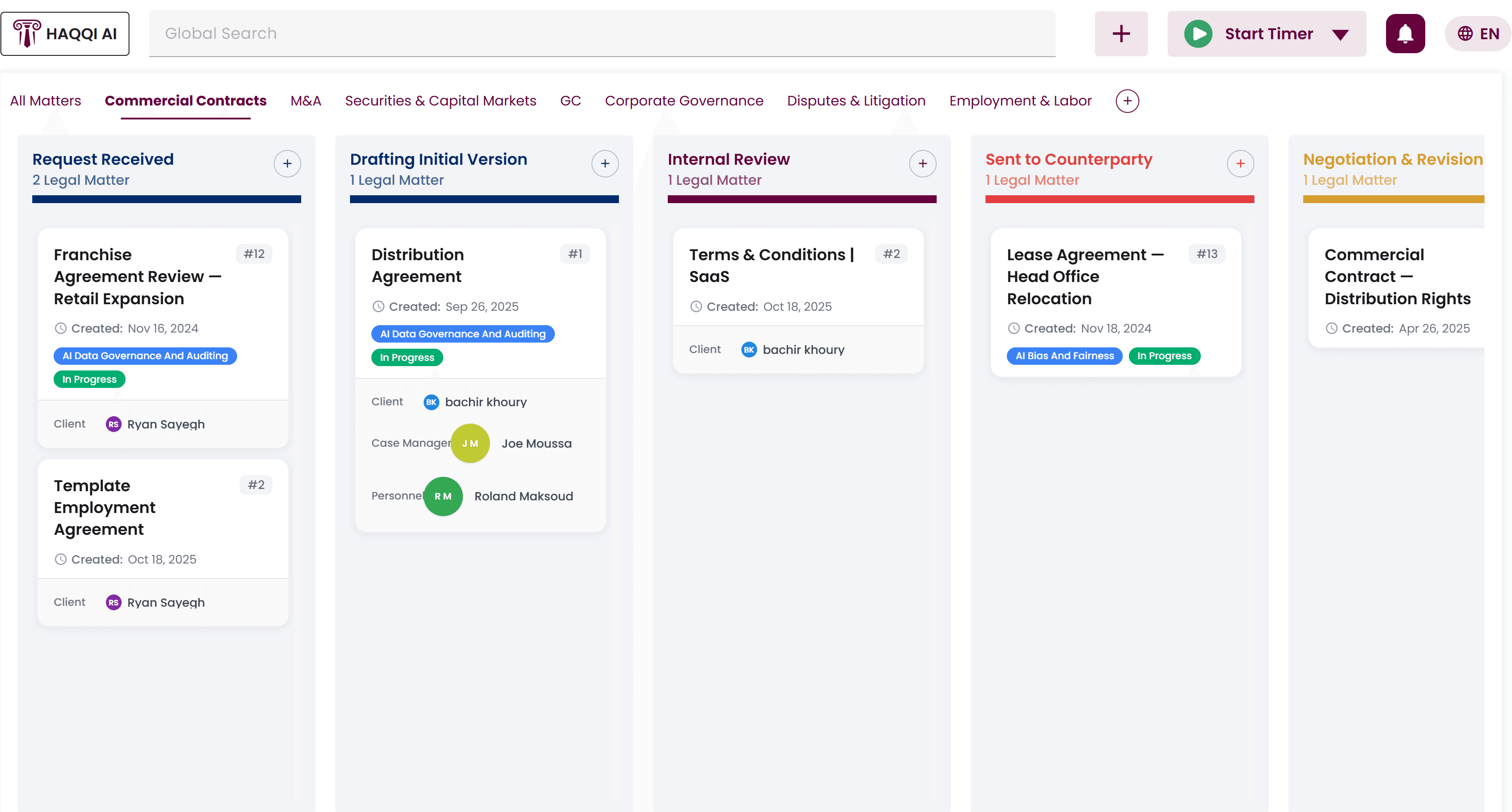 HAQQ Legal Matters Kanban Dashboard.
