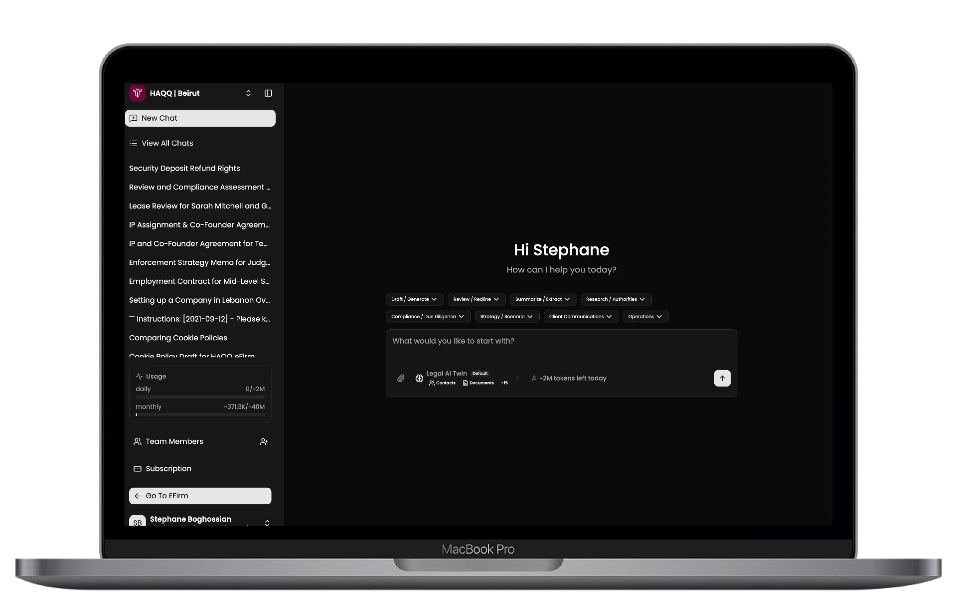 HAQQ Legal AI running in a desktop browser