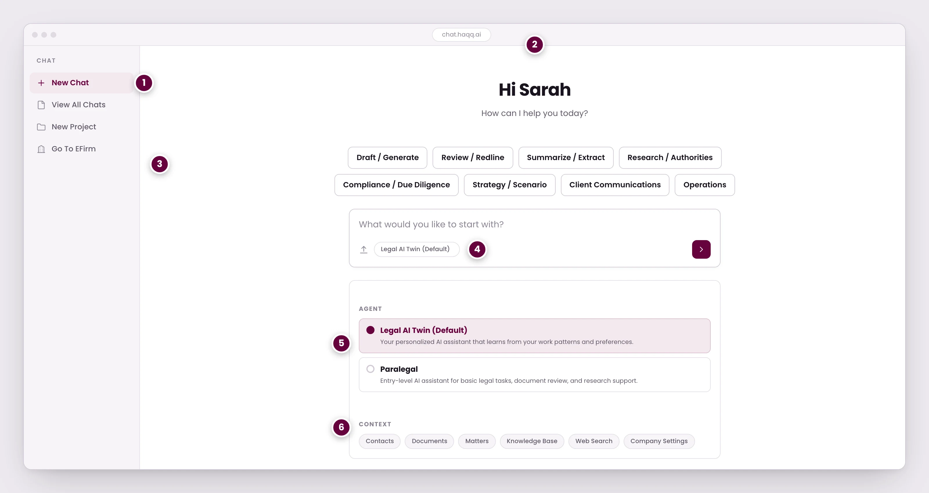 La pantalla de inicio de Legal AI Chat, que saluda al abogado que ha iniciado sesión, mostrando ocho categorías de tareas, un redactor y los controles que configuran qué agente responde y qué datos del bufete puede leer.
