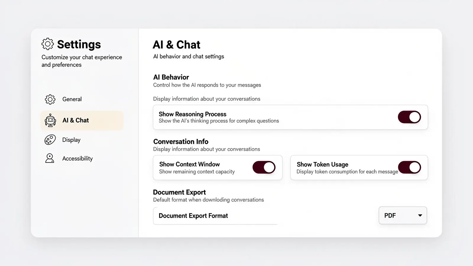HAQQ AI Settings – customize AI behavior, conversation info, and document export