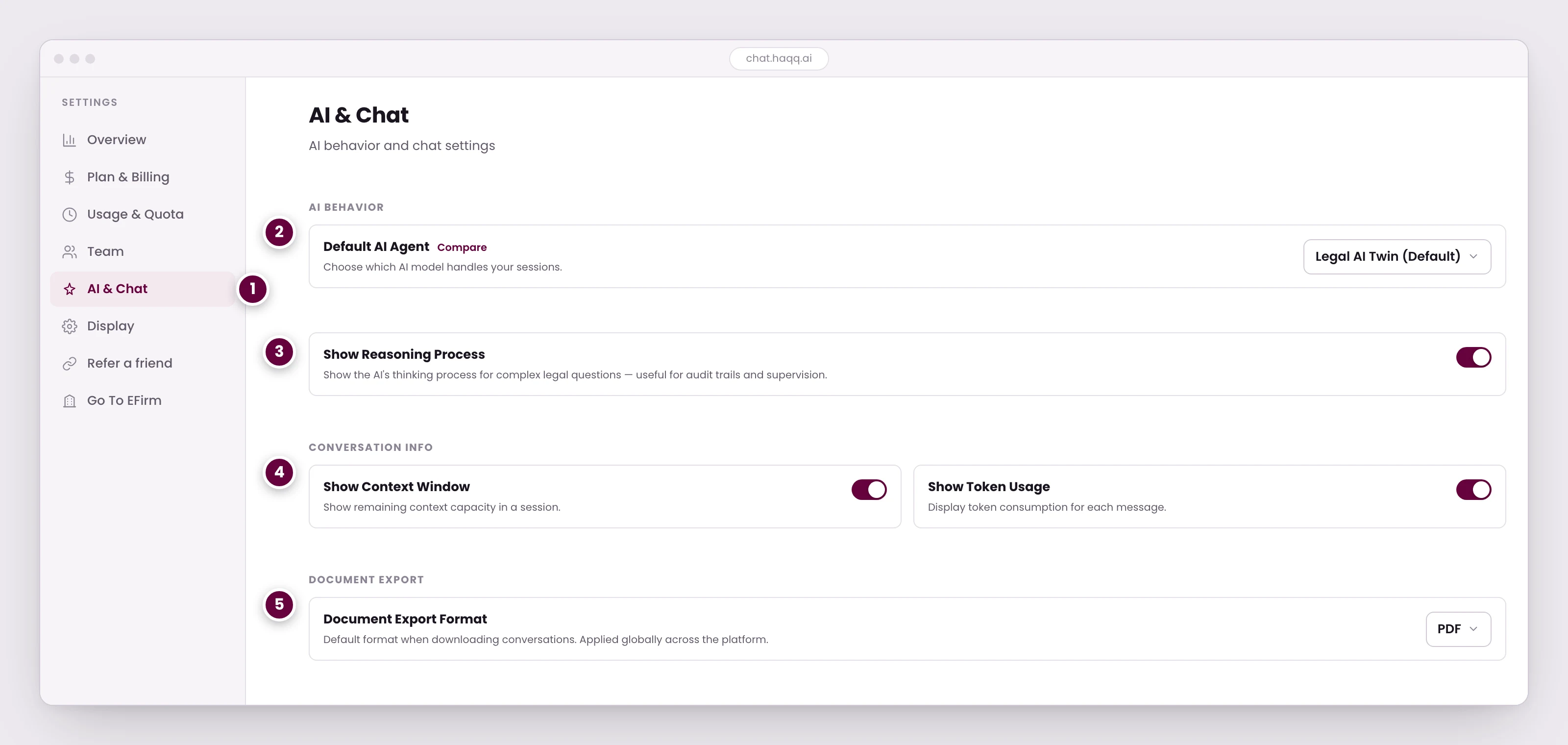 La scheda IA e Chat delle impostazioni di HAQQ, che mostra il selettore dell'agente predefinito, l'interruttore del processo di ragionamento, gli interruttori di visibilità del contesto e dei token e il controllo del formato di esportazione dei documenti.