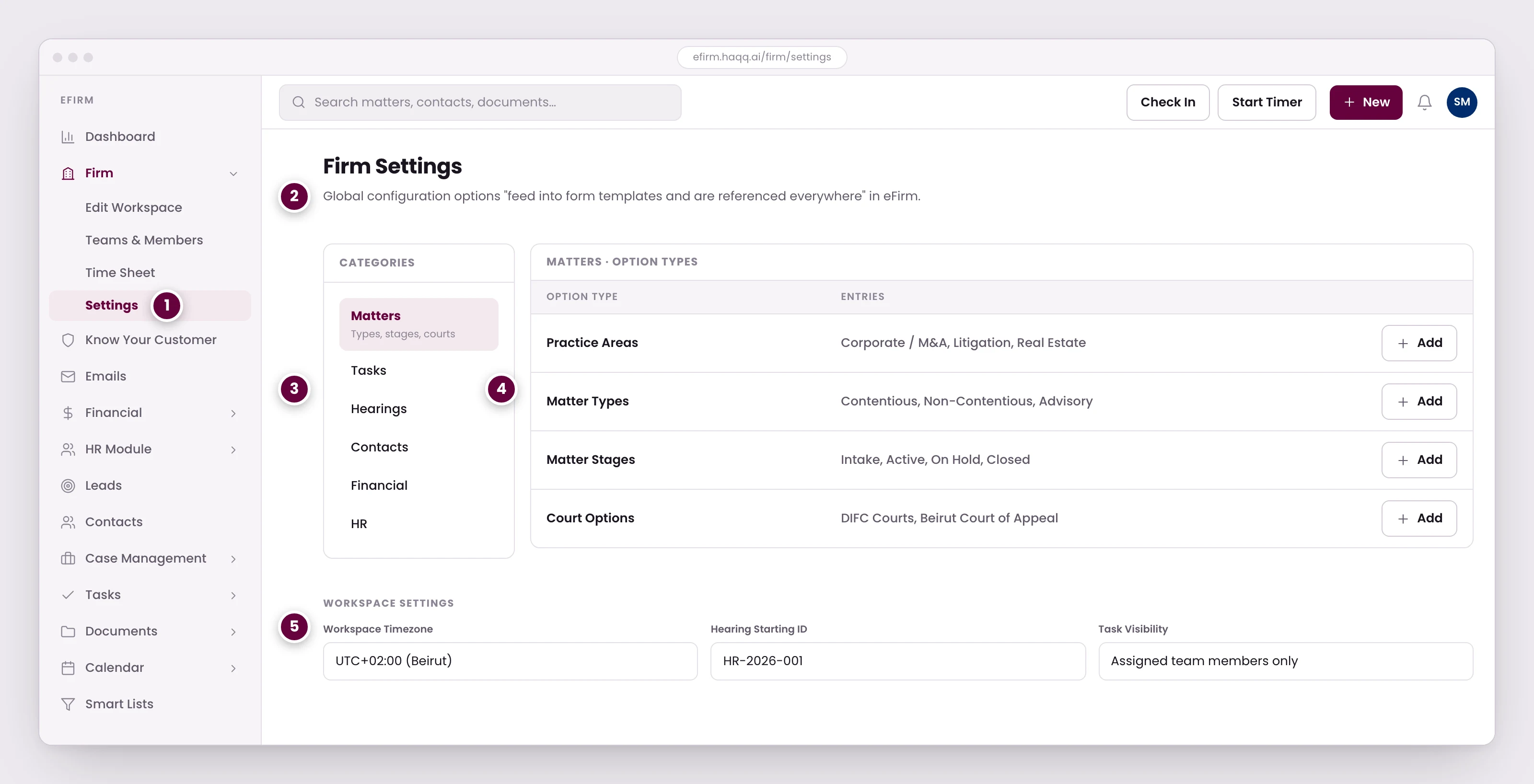 The Firm Settings screen in eFirm, showing the panel of global configuration categories, the option types and add controls for Matters, and workspace-level fields underneath.