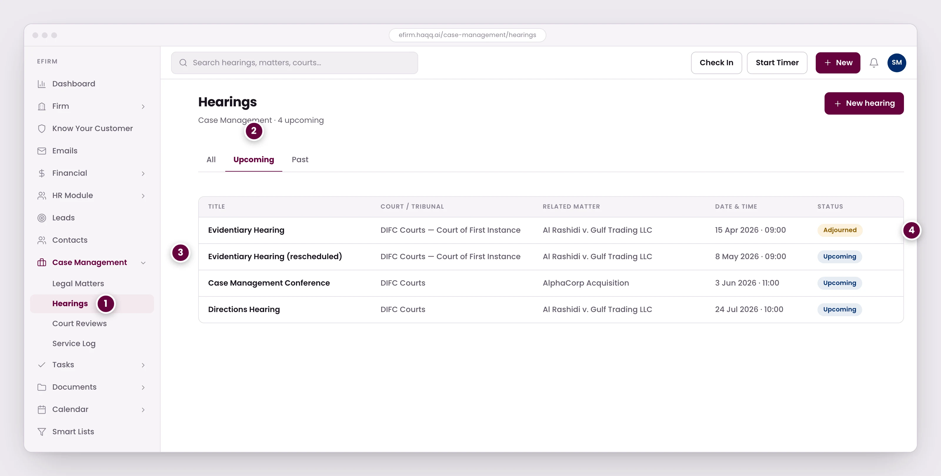 The Hearings screen in eFirm on its Upcoming view, listing court dates with their tribunal, related matter, date and time, and status.
