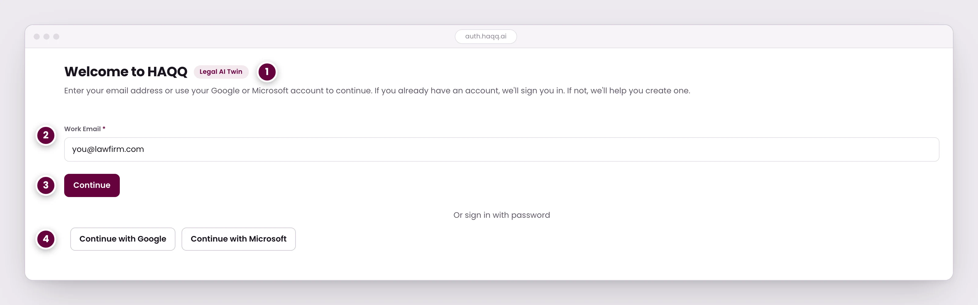 La pagina di accesso HAQQ all'indirizzo auth.haqq.ai, con un campo per l'e-mail di lavoro, un pulsante Continua e opzioni di accesso tramite Google e Microsoft.