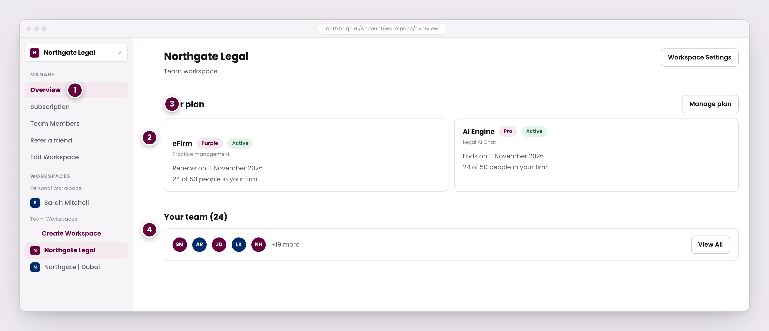 قسم "خطتك" في HAQQ Account Hub، الذي يعرض eFirm و the AI Engine كخطين للمنتجات ذات مستويات منفصلة في مساحة عمل واحدة.
