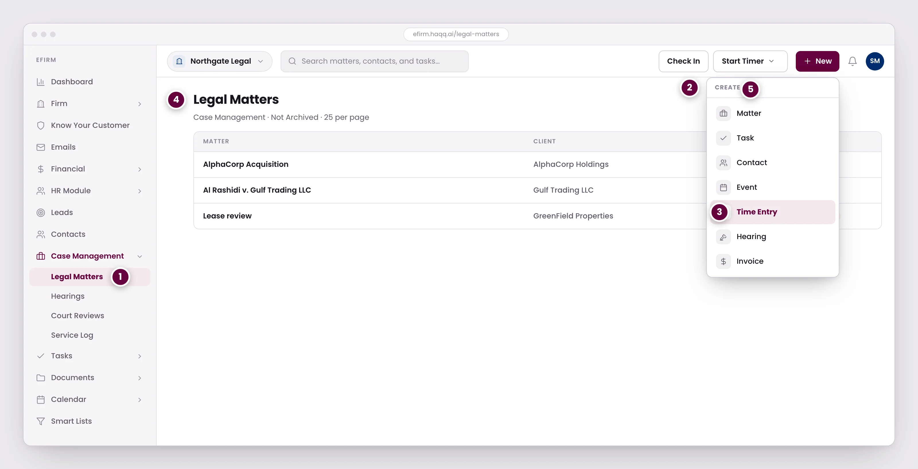 The quick-add menu open in the eFirm top bar over the Legal Matters screen, listing the seven record types it creates, beside the companion timer control.