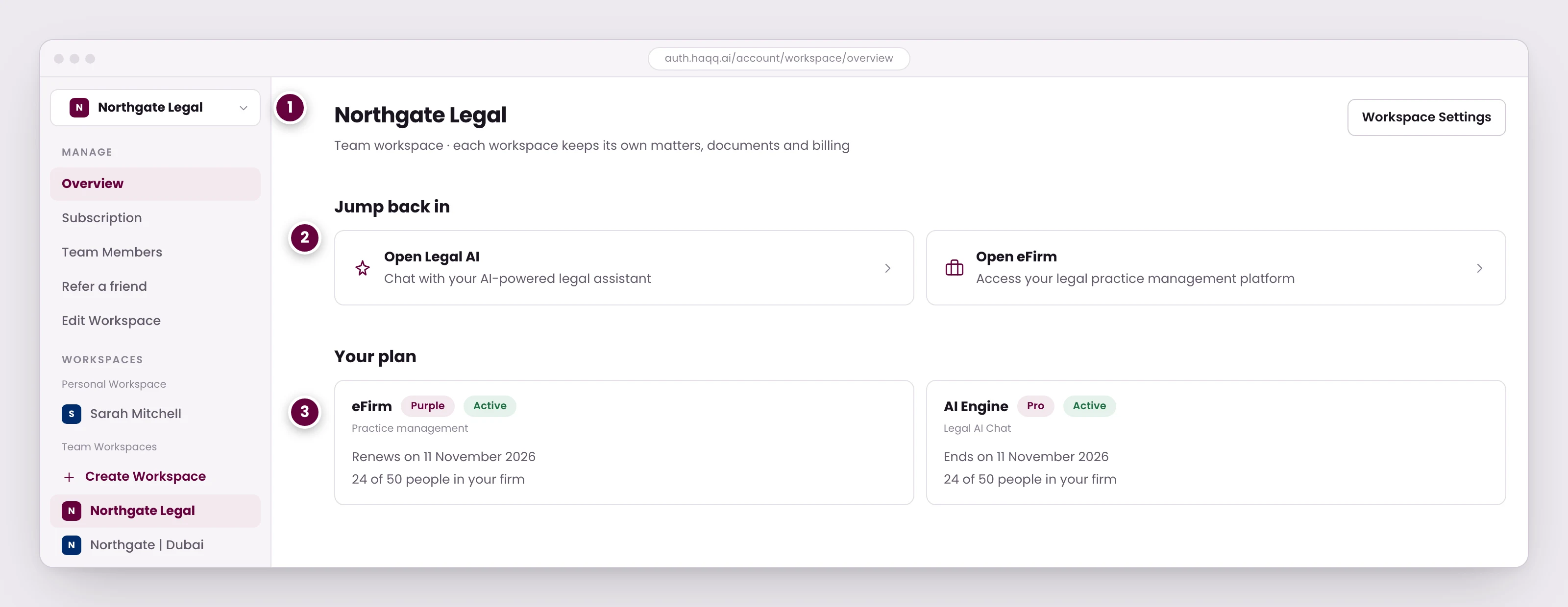 Le HAQQ Account Hub avec la liste des espaces de travail ouverte, montrant un espace de travail personnel à côté des espaces de travail d'équipe, et les points d'entrée vers Legal AI Chat et eFirm.