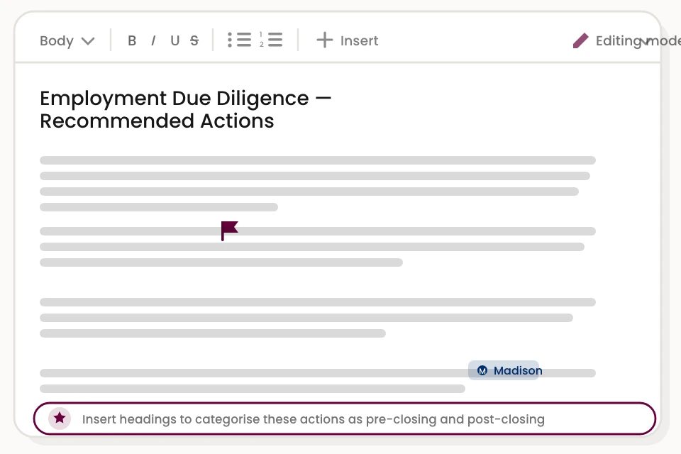Drafting Due Diligence Actions Editor