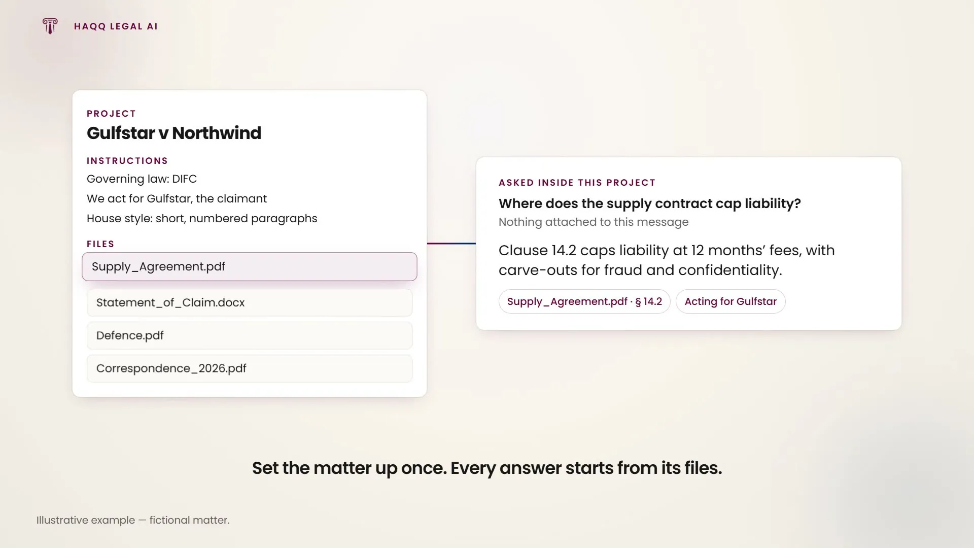 A matter workspace with standing instructions and files; a question with nothing attached is answered from them.