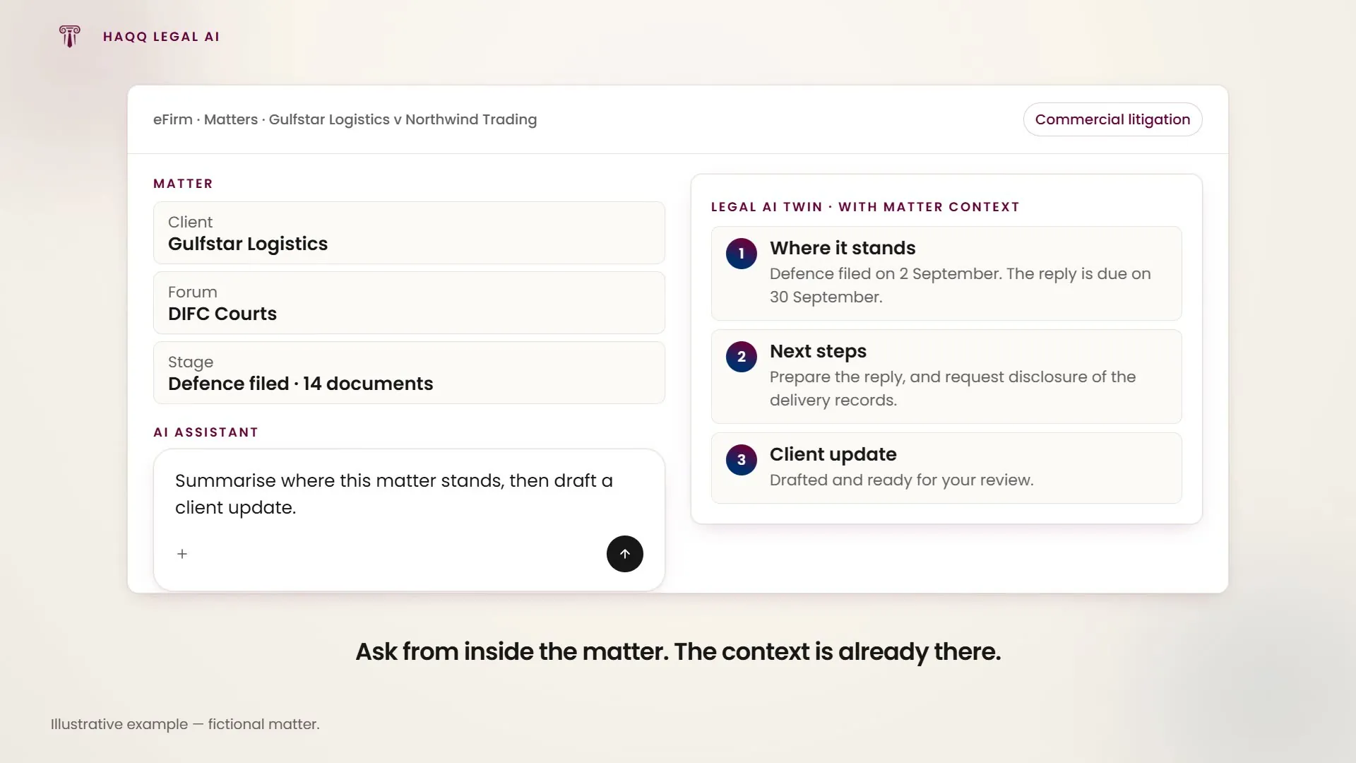 Asked from inside a matter, the assistant returns where it stands, the next steps, and a drafted client update.
