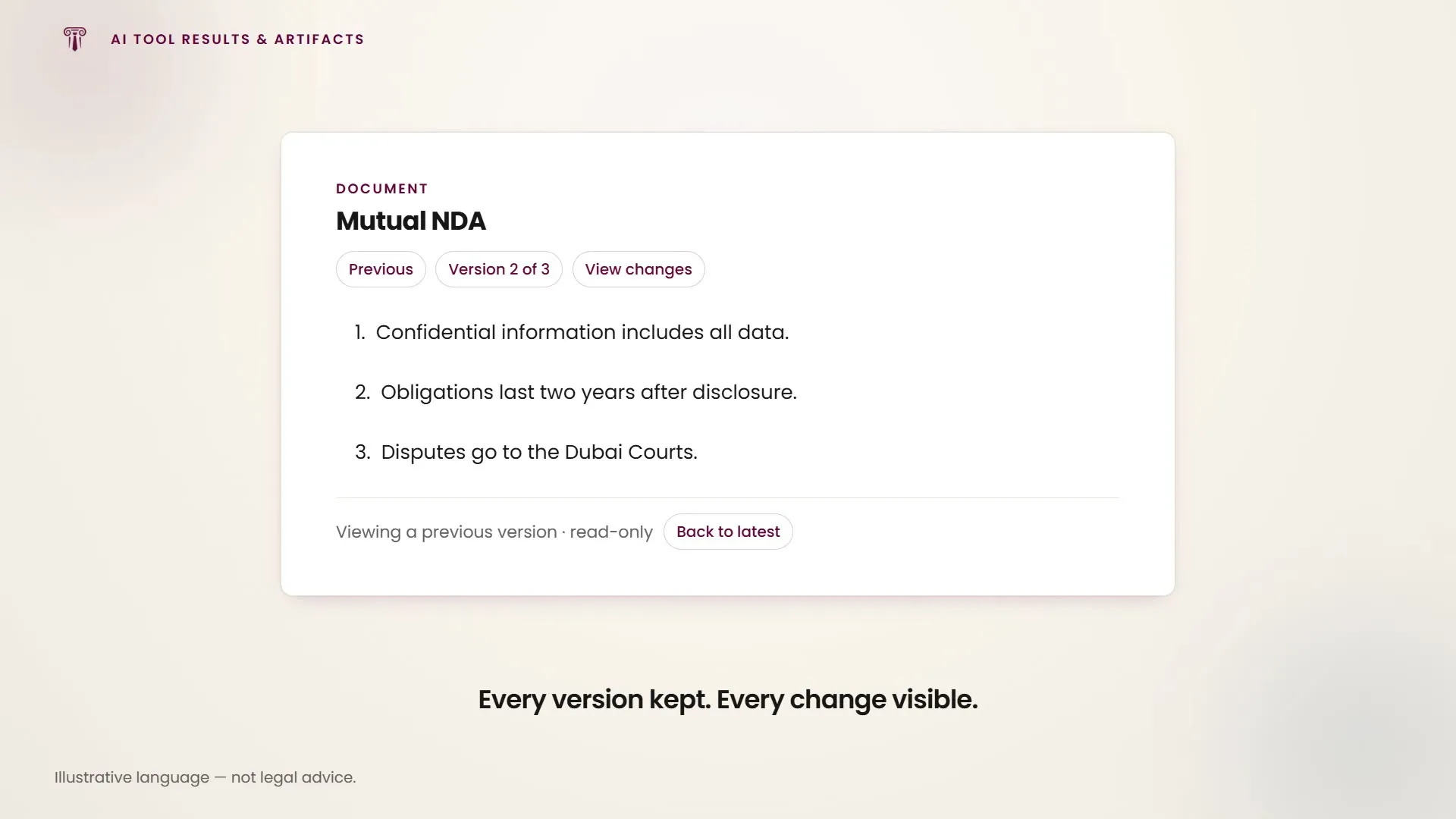 View changes shows what moved between versions; stepping back opens the previous version read-only.