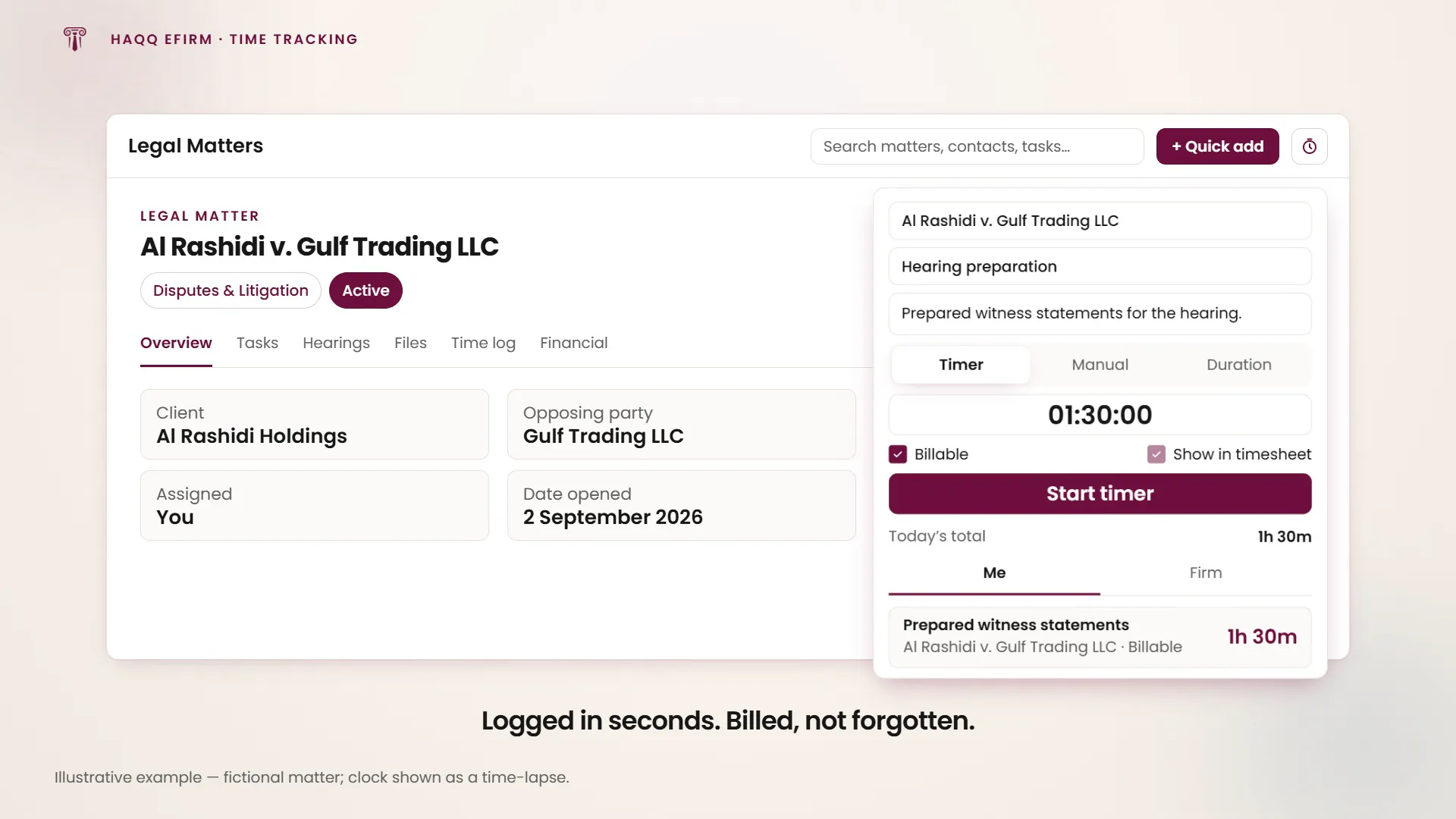 The timer runs against the matter and logs 1h 30m of billable time in seconds.