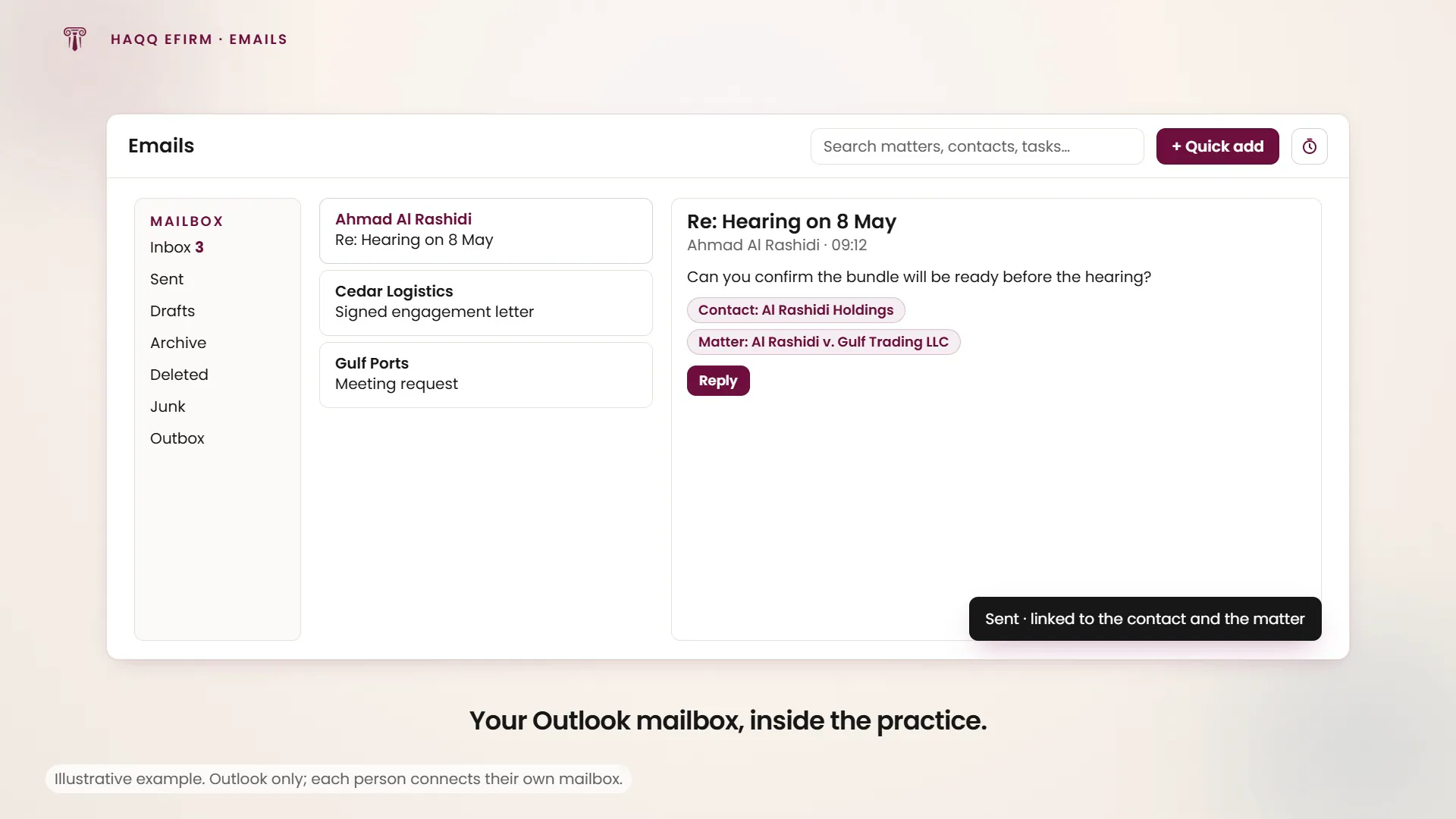 Outlook is connected, a client email is linked to its matter, and the reply goes out from inside eFirm.